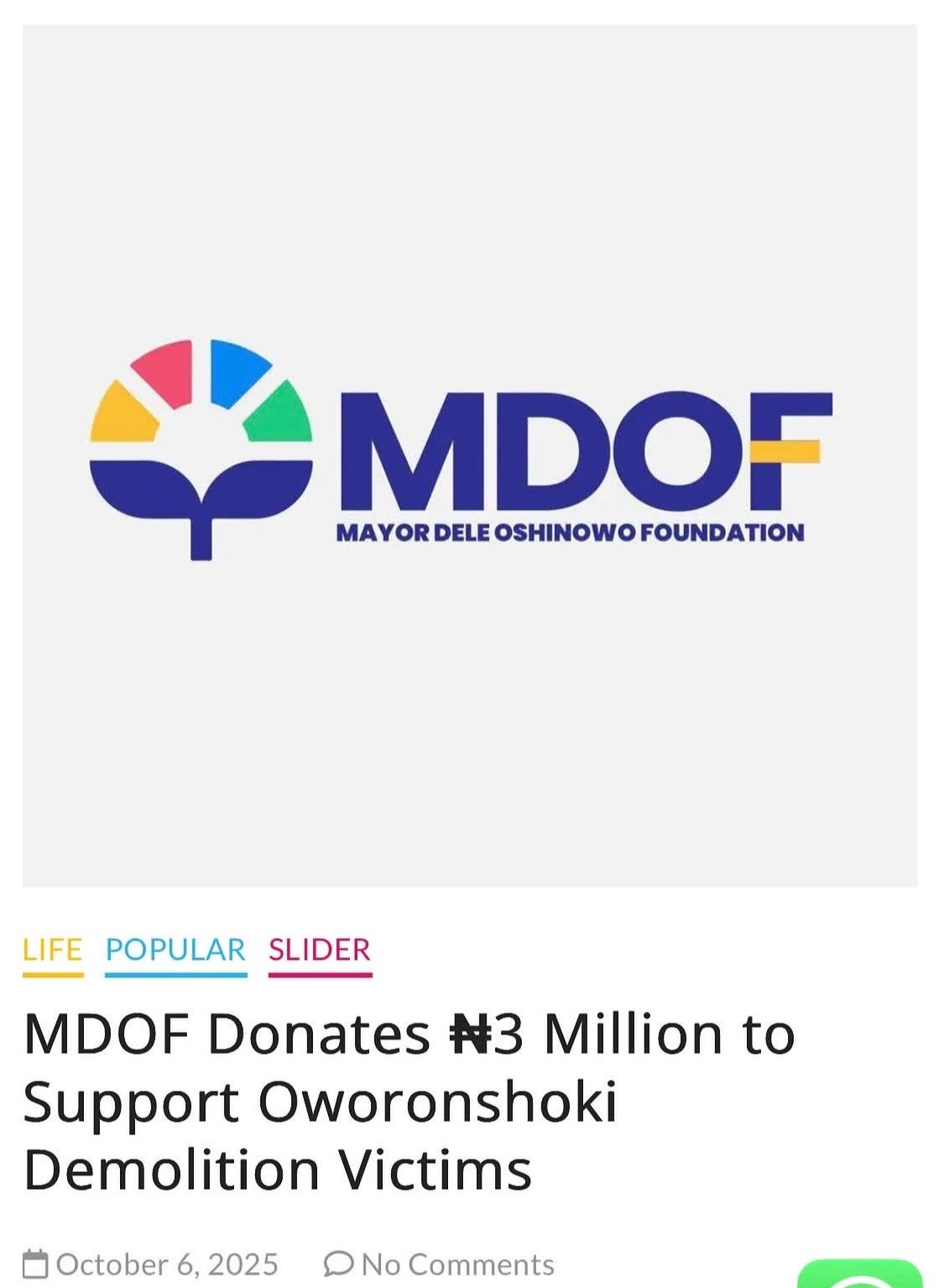 Humanitarian Support for Oworonshoki Demolition Victims